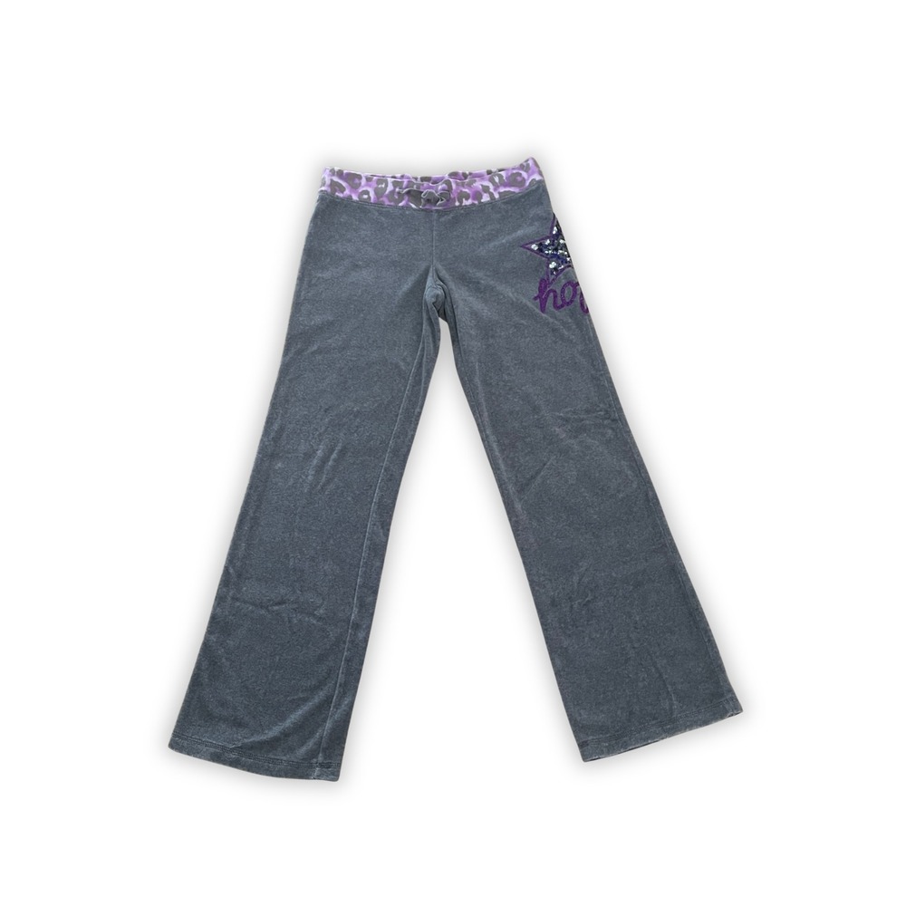 Justice Girls' Gray Velour Wide Leg Pants with Purple Leopard Waistband Size 14